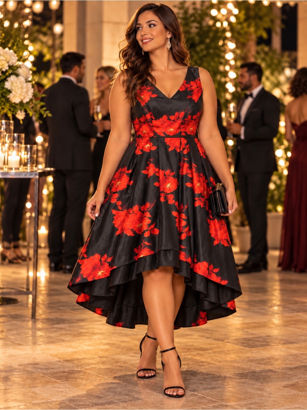 Black cocktail Dress with Red Floral Jacquard